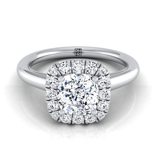 18K White Gold Cushion Diamond Sophisticated and Simple Halo on a High Polished Engagement Ring -1/4ctw