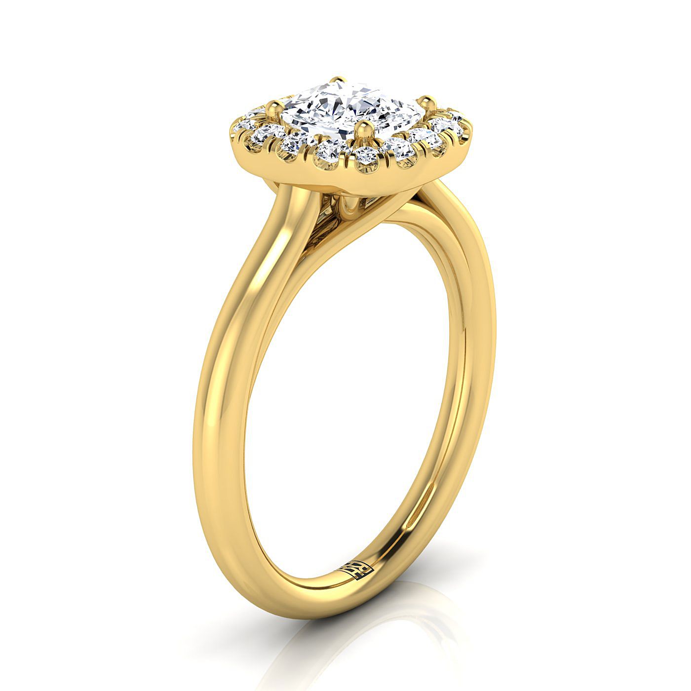 18K Yellow Gold Cushion Diamond Sophisticated and Simple Halo on a High Polished Engagement Ring -1/4ctw