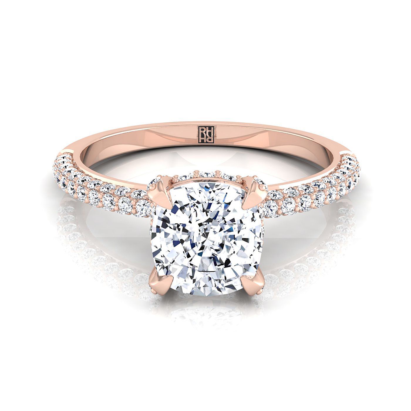 14K Rose Gold Cushion Diamond Encrusted Claws and Triple Pave Engagement Ring -1/2ctw