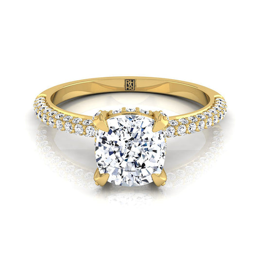 18K Yellow Gold Cushion Diamond Encrusted Claws and Triple Pave Engagement Ring -1/2ctw