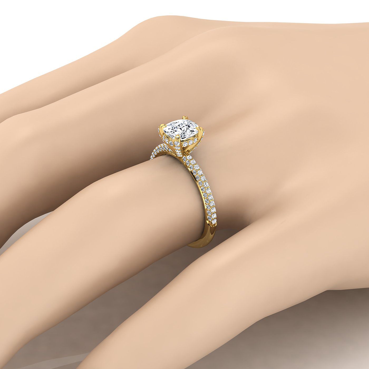 14K Yellow Gold Cushion Diamond Encrusted Claws and Triple Pave Engagement Ring -1/2ctw