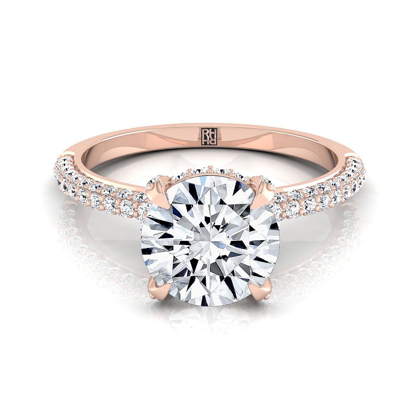 14K Rose Gold Round Brilliant Diamond Encrusted Claws and Triple Pave Engagement Ring -1/2ctw