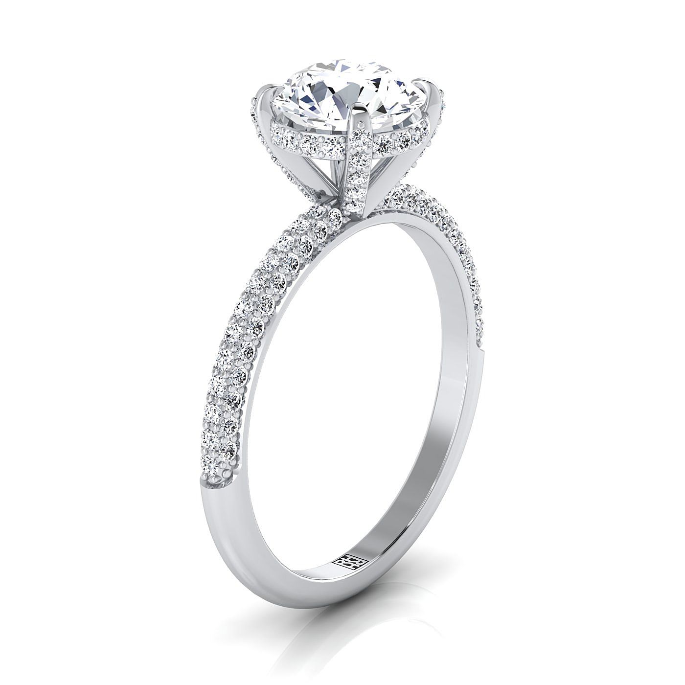 18K White Gold Round Brilliant Diamond Encrusted Claws and Triple Pave Engagement Ring -1/2ctw