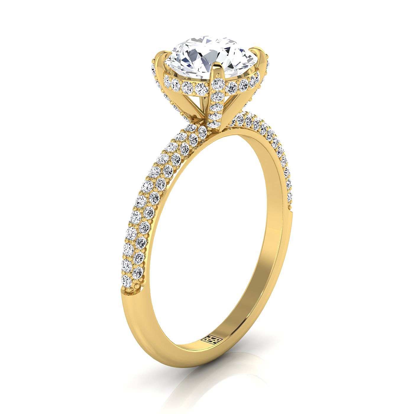 18K Yellow Gold Round Brilliant Diamond Encrusted Claws and Triple Pave Engagement Ring -1/2ctw