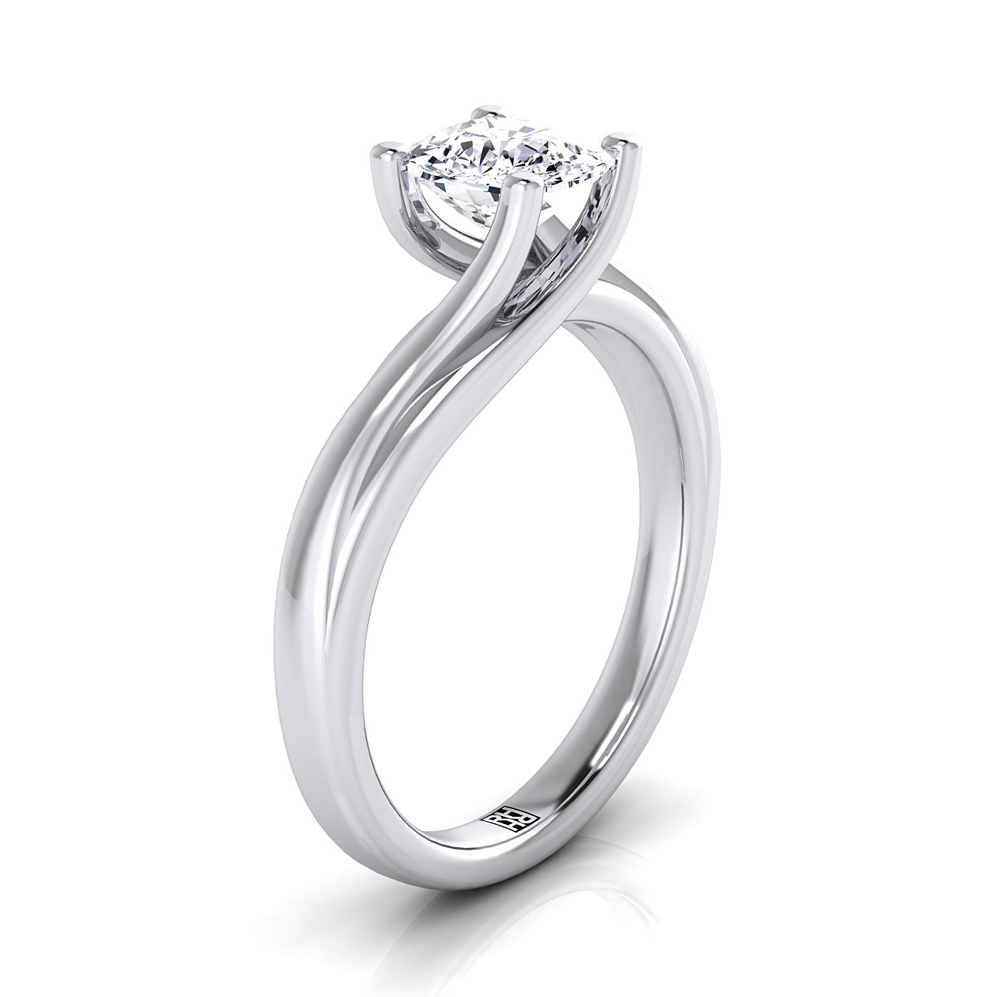 14K White Gold Cushion  Twisted Bypass Solitaire Engagement Ring