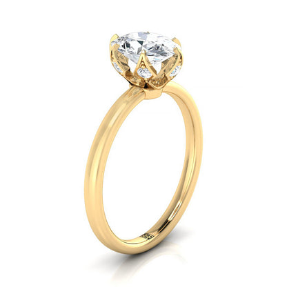 18K Yellow Gold Oval Diamond Secret Stone Claw Prong Solitaire Engagement Ring