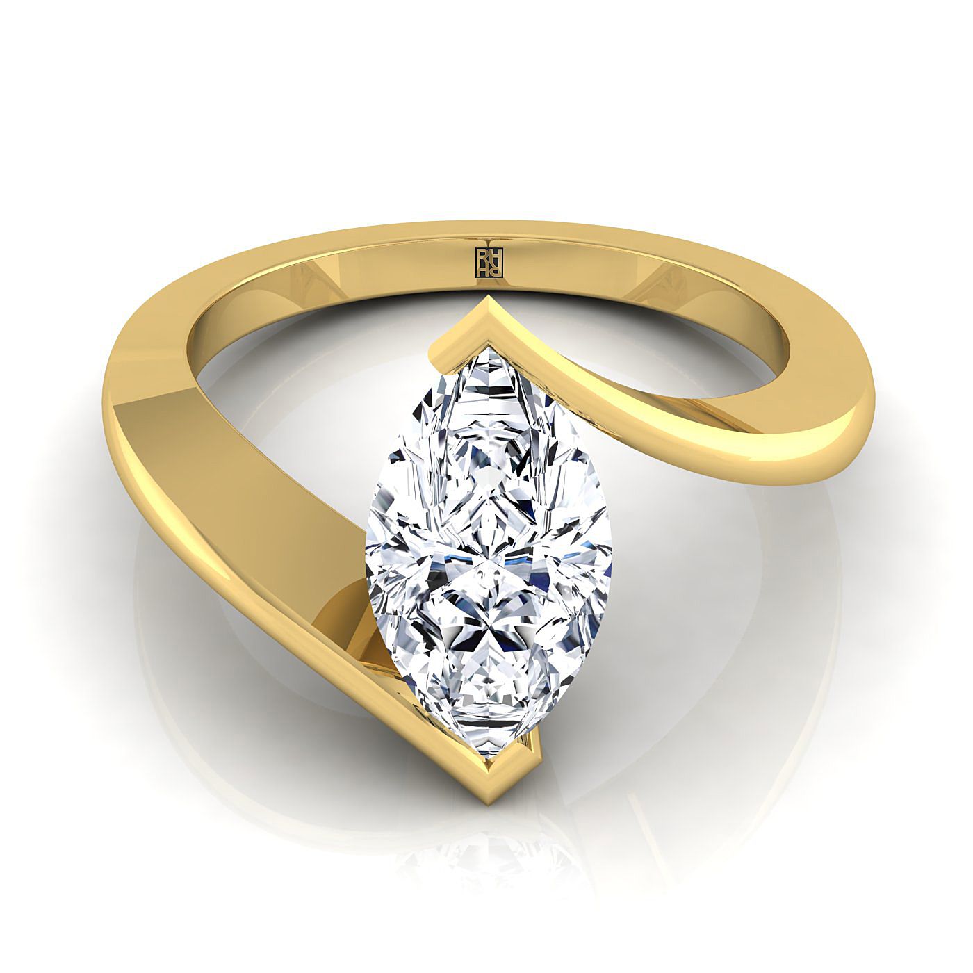 14K Yellow Gold Marquise   Half Bezel Twist Tension Set Solitaire Engagement Ring