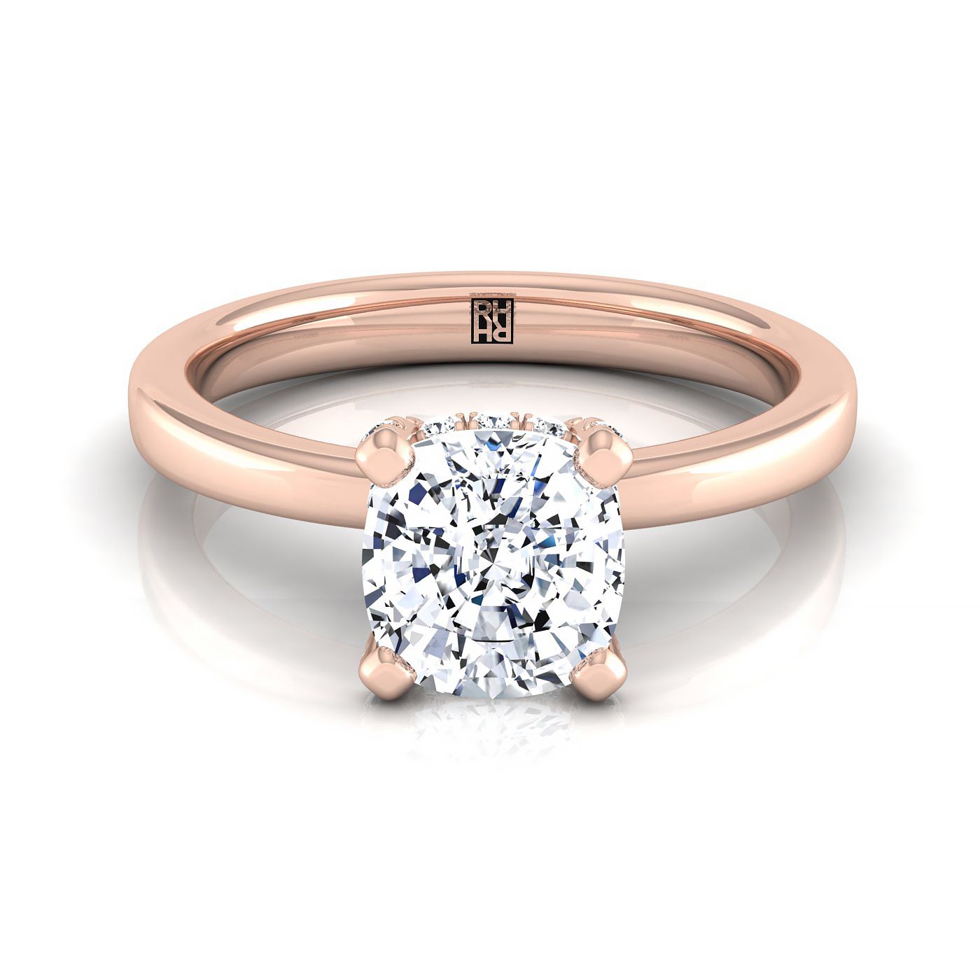 14K Rose Gold Cushion Diamond Adorned Claws and Secret Halo Solitaire Engagement Ring -1/10ctw