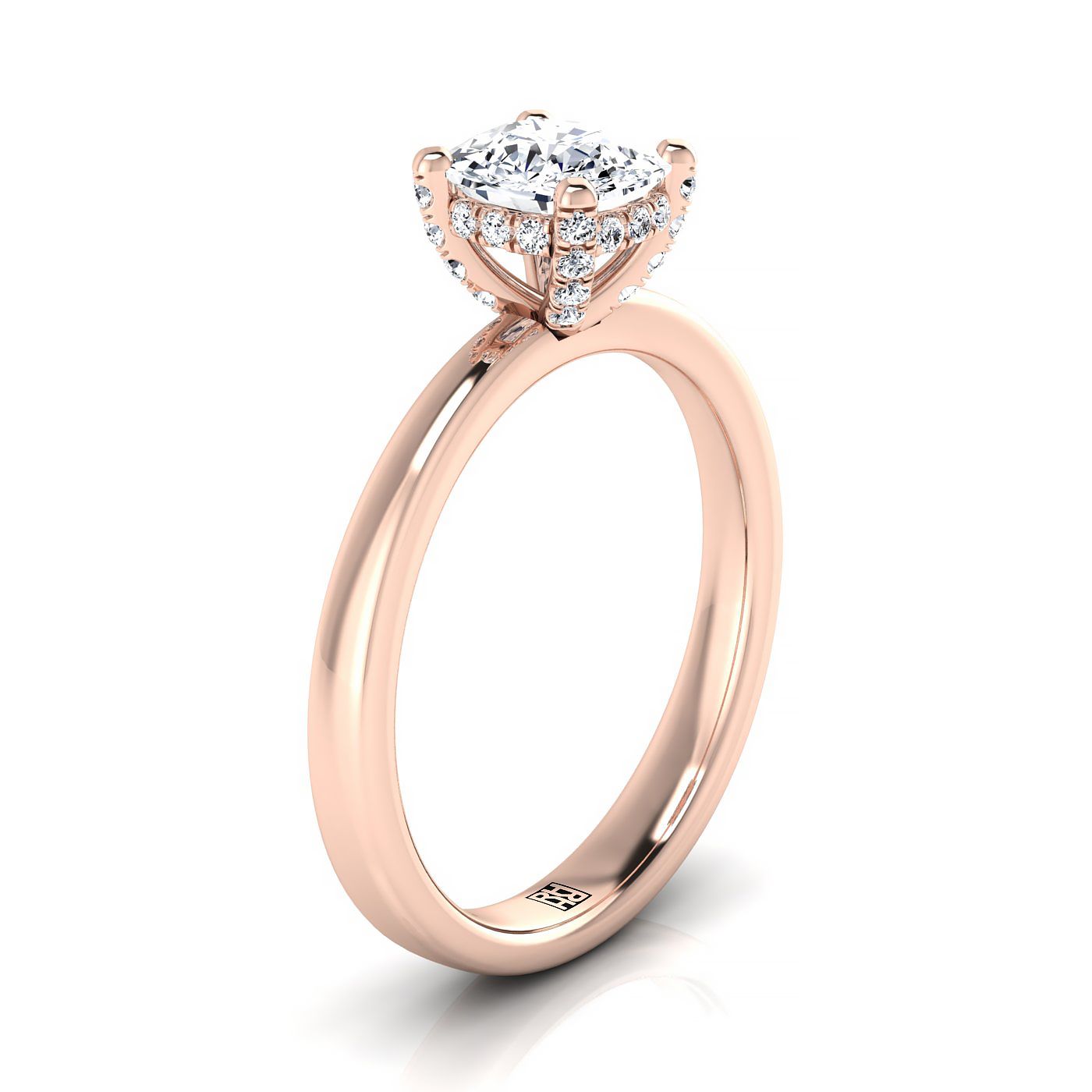 14K Rose Gold Cushion Diamond Adorned Claws and Secret Halo Solitaire Engagement Ring -1/10ctw