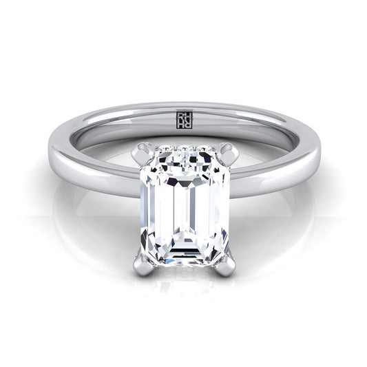 18K White Gold Emerald Cut Diamond Adorned Claws and Secret Halo Solitaire Engagement Ring -1/10ctw