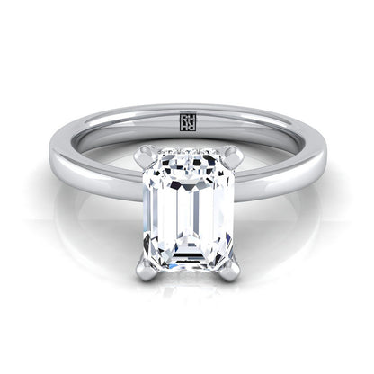 Platinum Emerald Cut Diamond Adorned Claws and Secret Halo Solitaire Engagement Ring -1/10ctw