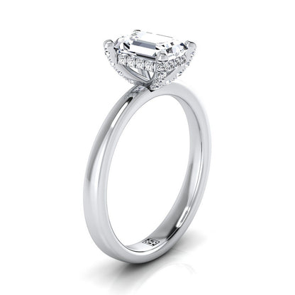 Platinum Emerald Cut Diamond Adorned Claws and Secret Halo Solitaire Engagement Ring -1/10ctw