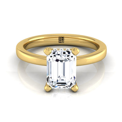 18K Yellow Gold Emerald Cut Diamond Adorned Claws and Secret Halo Solitaire Engagement Ring -1/10ctw
