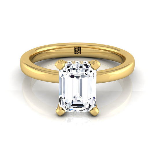 14K Yellow Gold Emerald Cut Diamond Adorned Claws and Secret Halo Solitaire Engagement Ring -1/10ctw