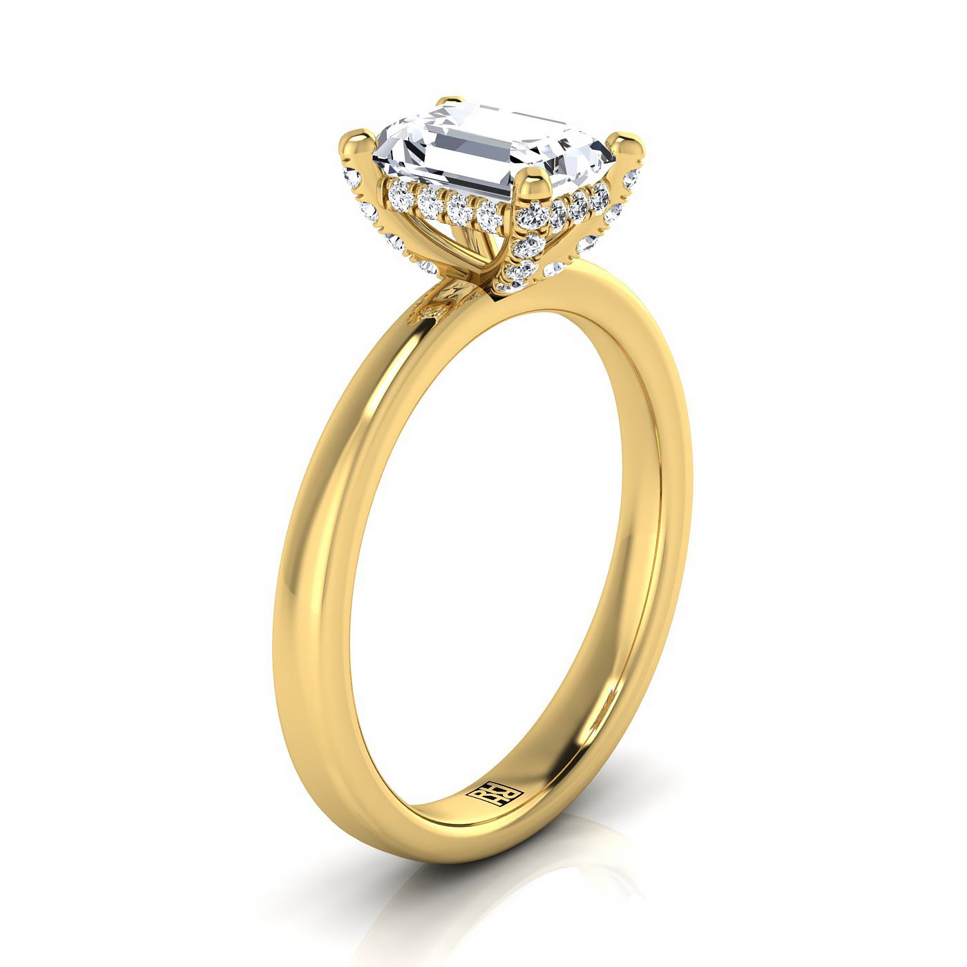 14K Yellow Gold Emerald Cut Diamond Adorned Claws and Secret Halo Solitaire Engagement Ring -1/10ctw