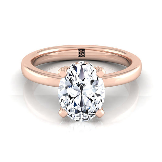 14K Rose Gold Oval Diamond Adorned Claws and Secret Halo Solitaire Engagement Ring -1/10ctw