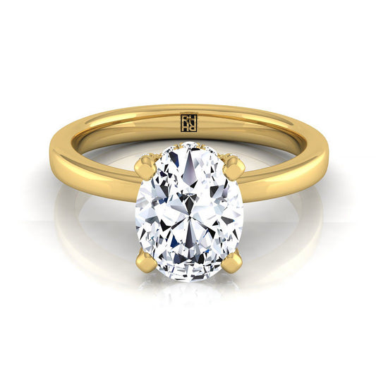 18K Yellow Gold Oval Diamond Adorned Claws and Secret Halo Solitaire Engagement Ring -1/10ctw