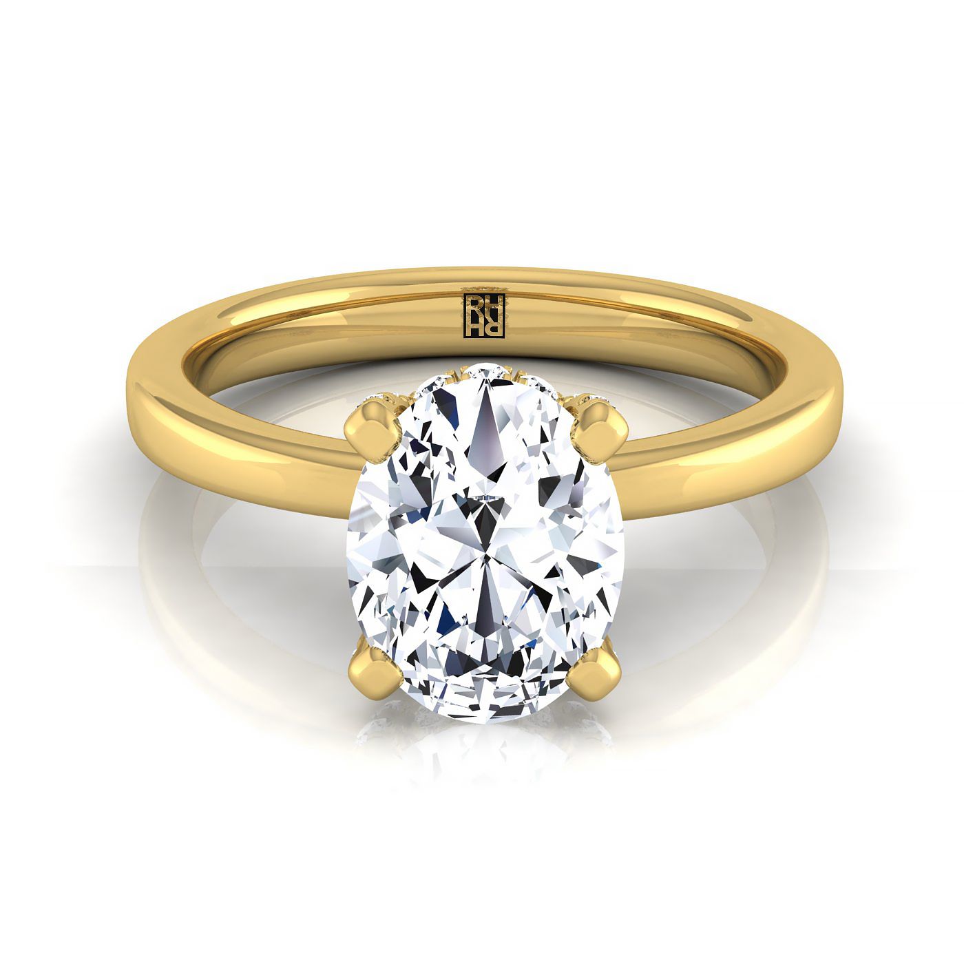 14K Yellow Gold Oval Diamond Adorned Claws and Secret Halo Solitaire Engagement Ring -1/10ctw