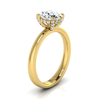 14K Yellow Gold Oval Diamond Adorned Claws and Secret Halo Solitaire Engagement Ring -1/10ctw