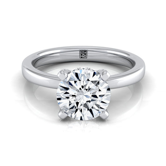 14K White Gold Round Brilliant Diamond Adorned Claws and Secret Halo Solitaire Engagement Ring -1/10ctw