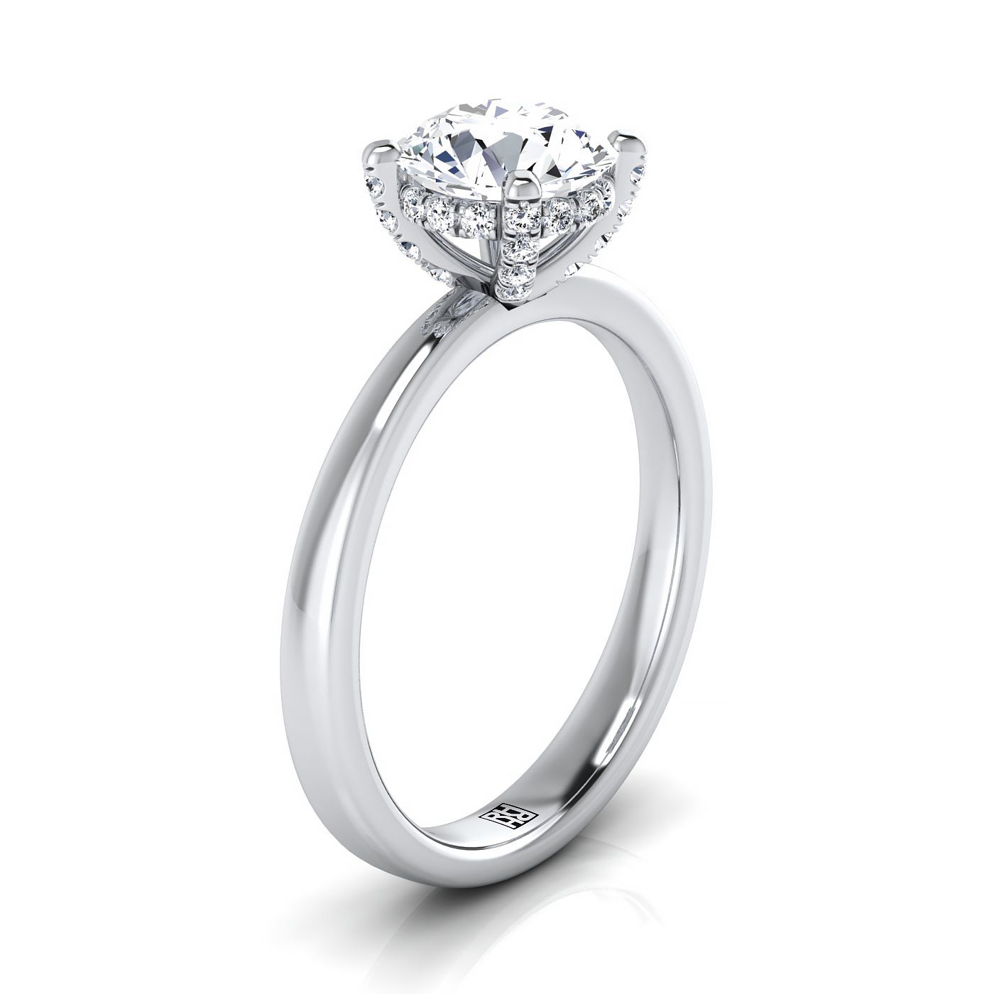 14K White Gold Round Brilliant Diamond Adorned Claws and Secret Halo Solitaire Engagement Ring -1/10ctw
