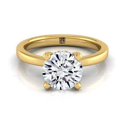 14K Yellow Gold Round Brilliant Diamond Adorned Claws and Secret Halo Solitaire Engagement Ring -1/10ctw