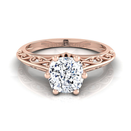 14K Rose Gold Cushion  Delicate Vintage Scroll Cut Out Solitaire Engagement Ring