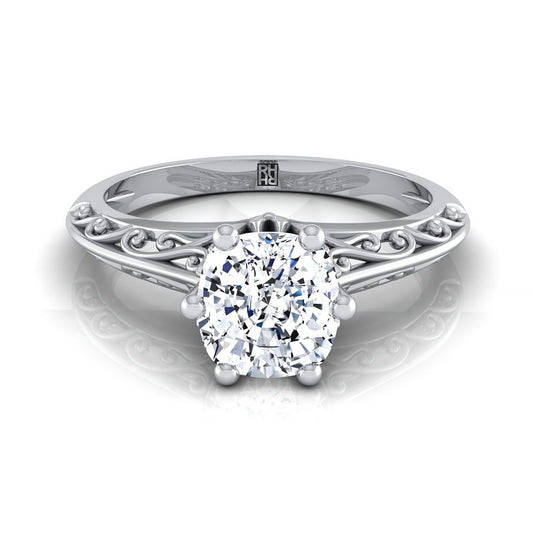 18K White Gold Cushion  Delicate Vintage Scroll Cut Out Solitaire Engagement Ring
