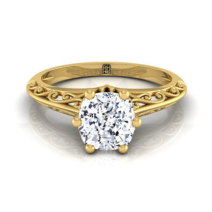 18K Yellow Gold Cushion  Delicate Vintage Scroll Cut Out Solitaire Engagement Ring