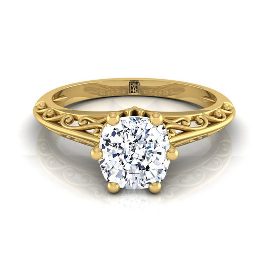 14K Yellow Gold Cushion  Delicate Vintage Scroll Cut Out Solitaire Engagement Ring
