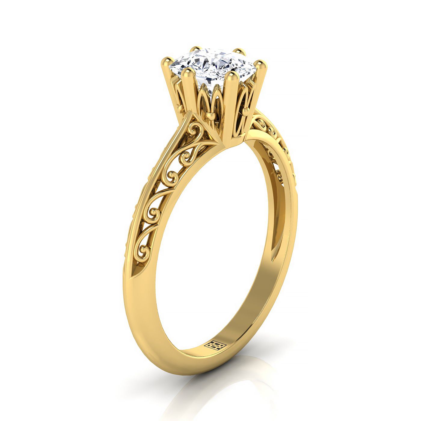 18K Yellow Gold Cushion  Delicate Vintage Scroll Cut Out Solitaire Engagement Ring