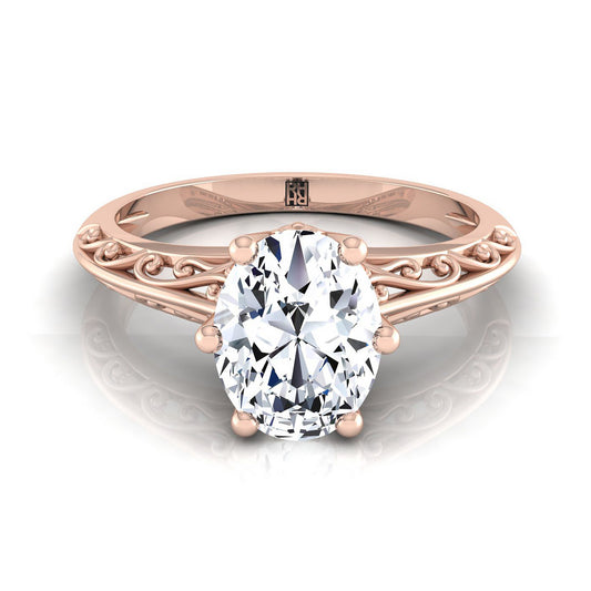 14K Rose Gold Oval  Delicate Vintage Scroll Cut Out Solitaire Engagement Ring