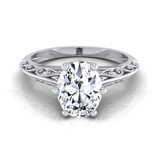 14K White Gold Oval  Delicate Vintage Scroll Cut Out Solitaire Engagement Ring