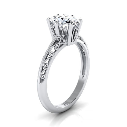 18K White Gold Oval  Delicate Vintage Scroll Cut Out Solitaire Engagement Ring