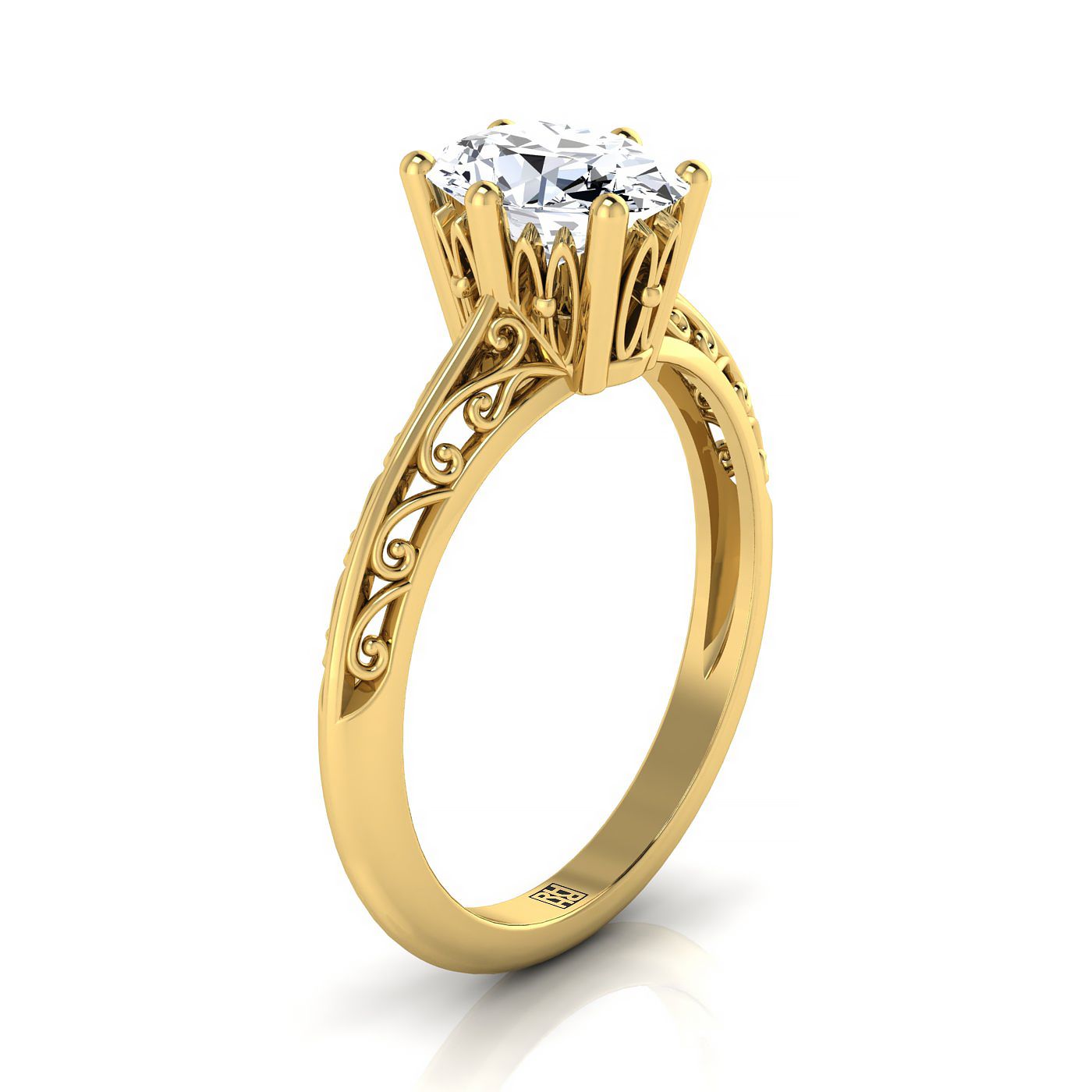 18K Yellow Gold Oval  Delicate Vintage Scroll Cut Out Solitaire Engagement Ring