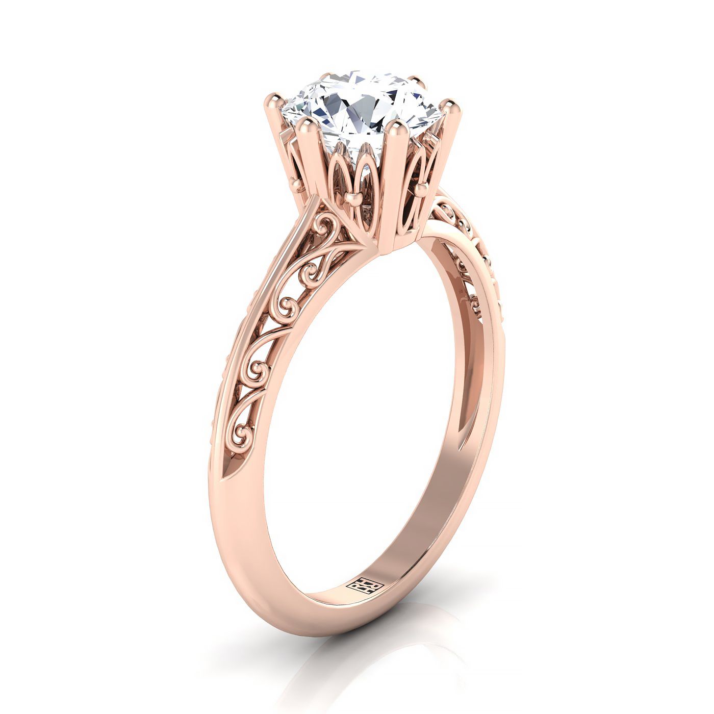 14K Rose Gold Round Brilliant  Delicate Vintage Scroll Cut Out Solitaire Engagement Ring