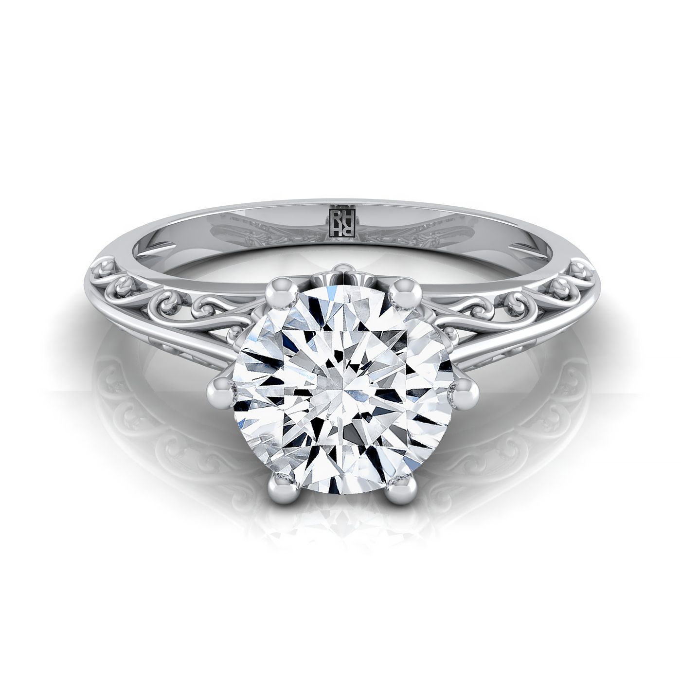 18K White Gold Round Brilliant  Delicate Vintage Scroll Cut Out Solitaire Engagement Ring