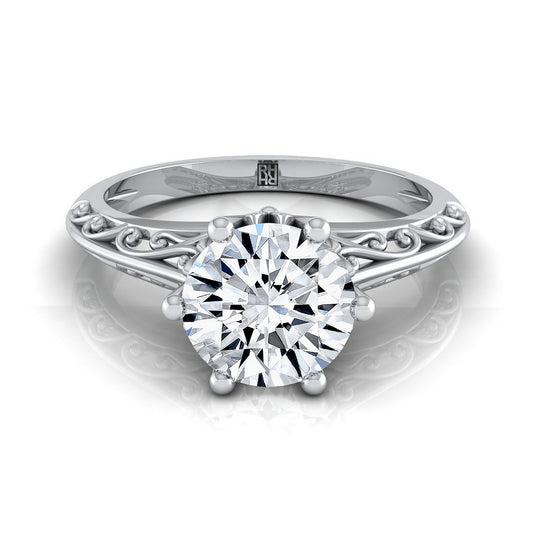 Platinum Round Brilliant  Delicate Vintage Scroll Cut Out Solitaire Engagement Ring