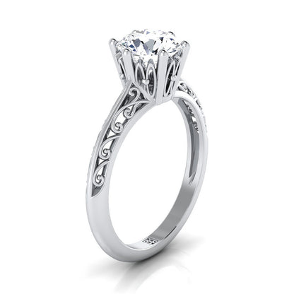 18K White Gold Round Brilliant  Delicate Vintage Scroll Cut Out Solitaire Engagement Ring