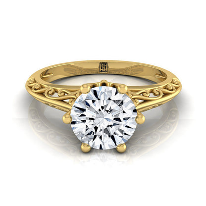 18K Yellow Gold Round Brilliant  Delicate Vintage Scroll Cut Out Solitaire Engagement Ring