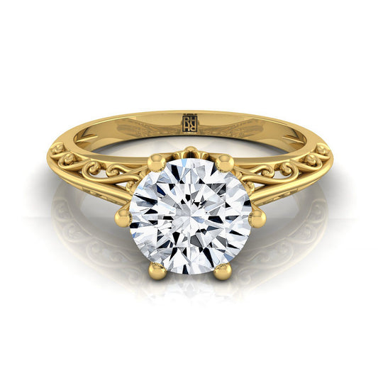 14K Yellow Gold Round Brilliant  Delicate Vintage Scroll Cut Out Solitaire Engagement Ring