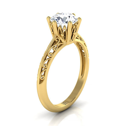 18K Yellow Gold Round Brilliant  Delicate Vintage Scroll Cut Out Solitaire Engagement Ring