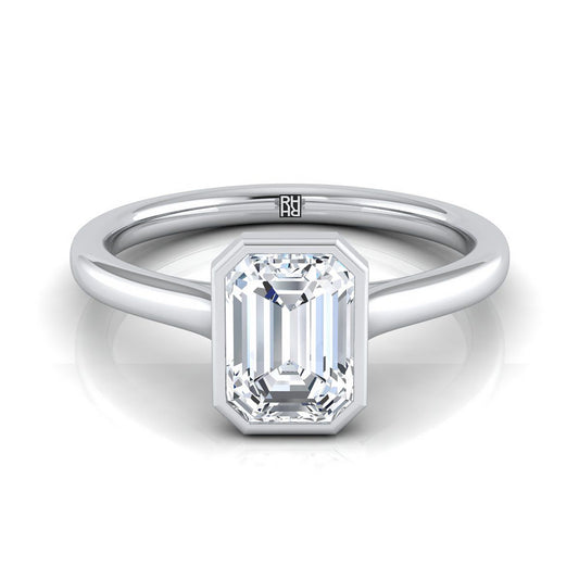 14K White Gold Emerald Cut  Simple Bezel Solitaire Engagement Ring