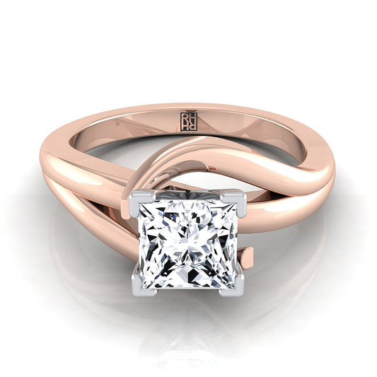 14K Rose Gold Princess Cut  Asymetical Bypass Solitaire Twist Engagement Ring