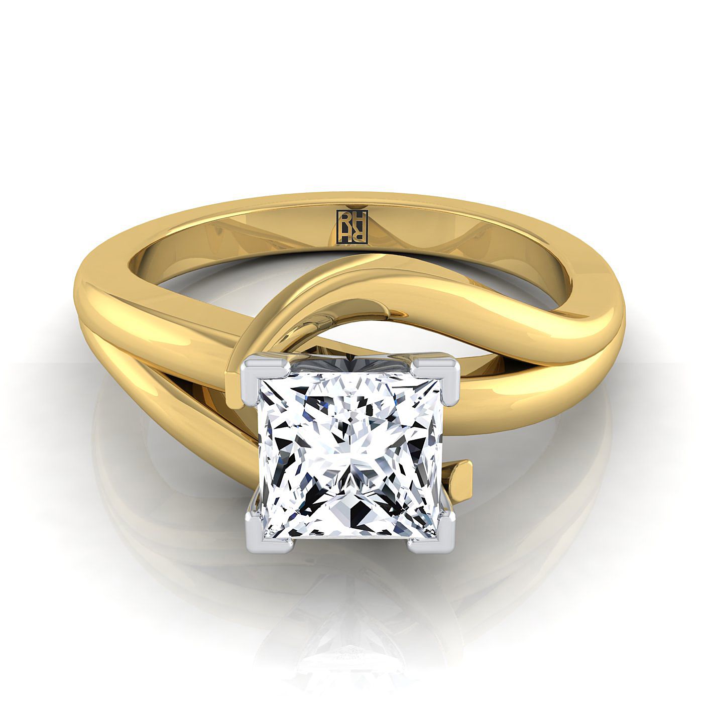 18K Yellow Gold Princess Cut  Asymetical Bypass Solitaire Twist Engagement Ring