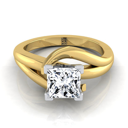 14K Yellow Gold Princess Cut  Asymetical Bypass Solitaire Twist Engagement Ring