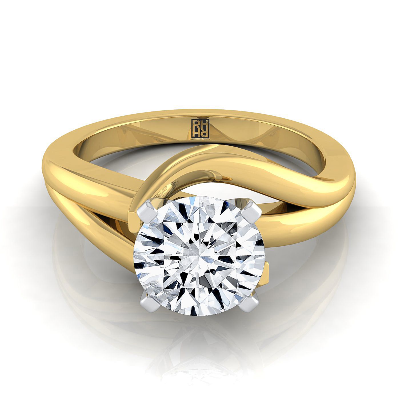 18K Yellow Gold Round Brilliant  Asymetical Bypass Solitaire Twist Engagement Ring