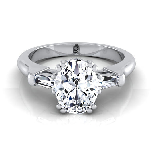 18K White Gold Oval Diamond Tapered Baguette Engagement Ring -1/4ctw