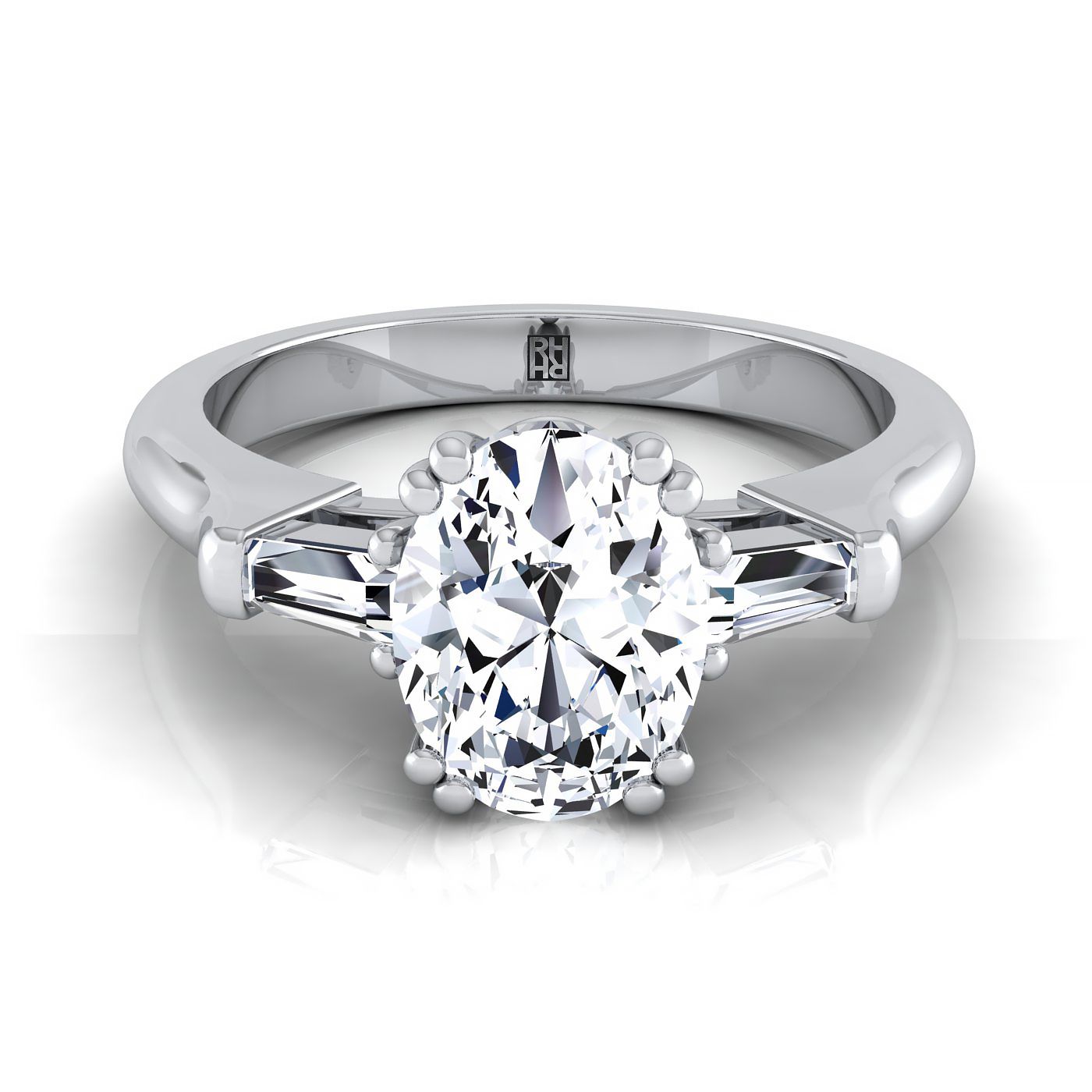 Platinum Oval Diamond Tapered Baguette Engagement Ring -1/4ctw