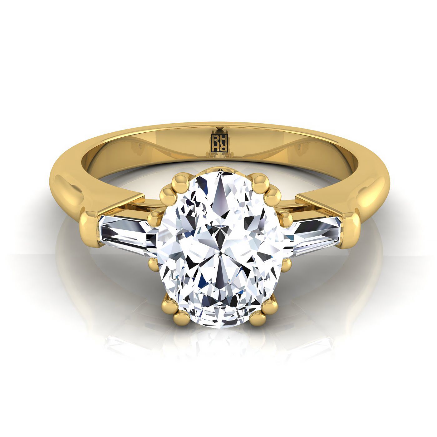 14K Yellow Gold Oval Diamond Tapered Baguette Engagement Ring -1/4ctw